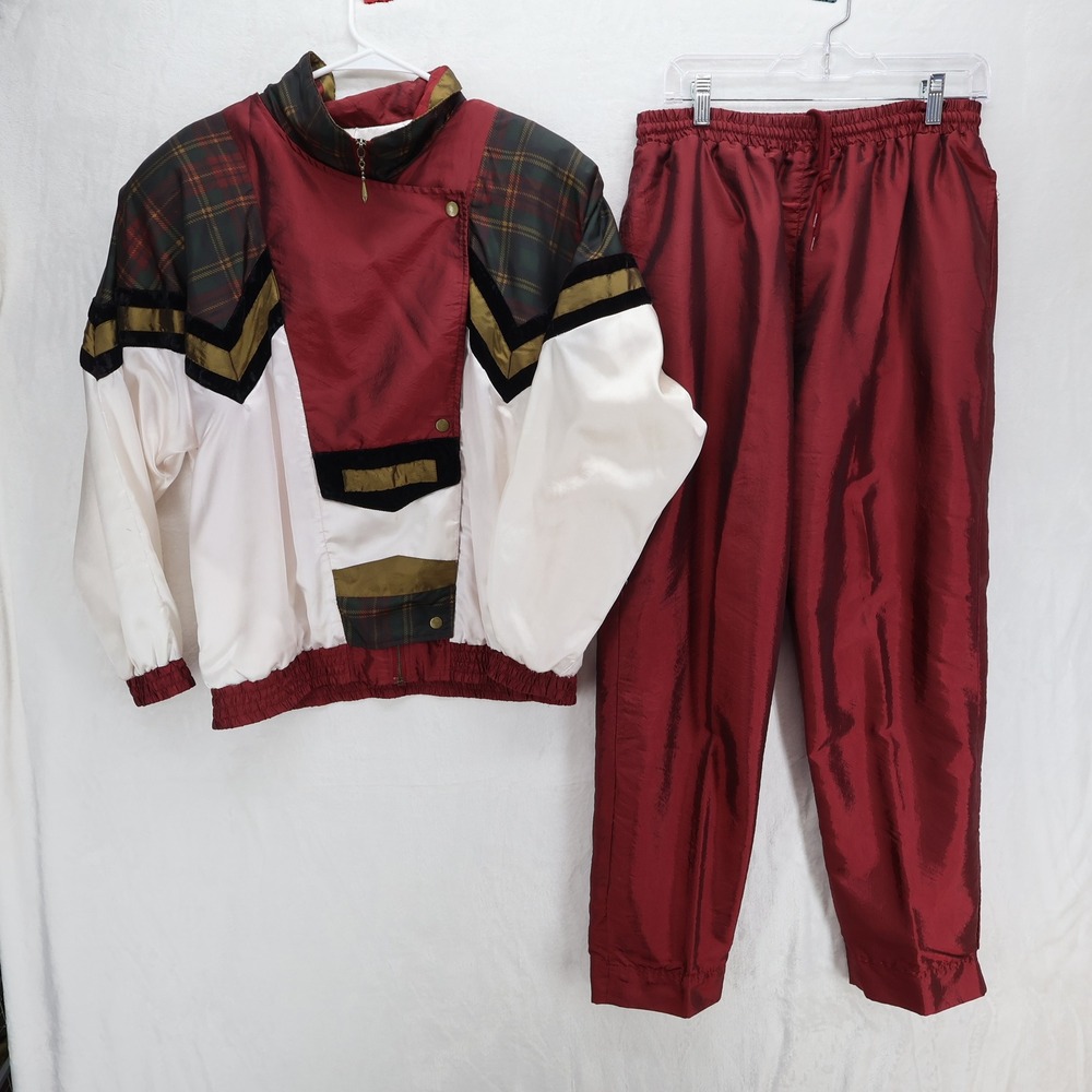 Vintage Lavon Women Tracksuit Set Large Maroon Plaid Colorblock Windbreaker 90s
